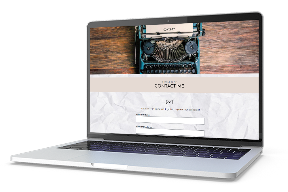 A laptop mockup of a website page titled 'Contact Me' which showcases a typewriter.