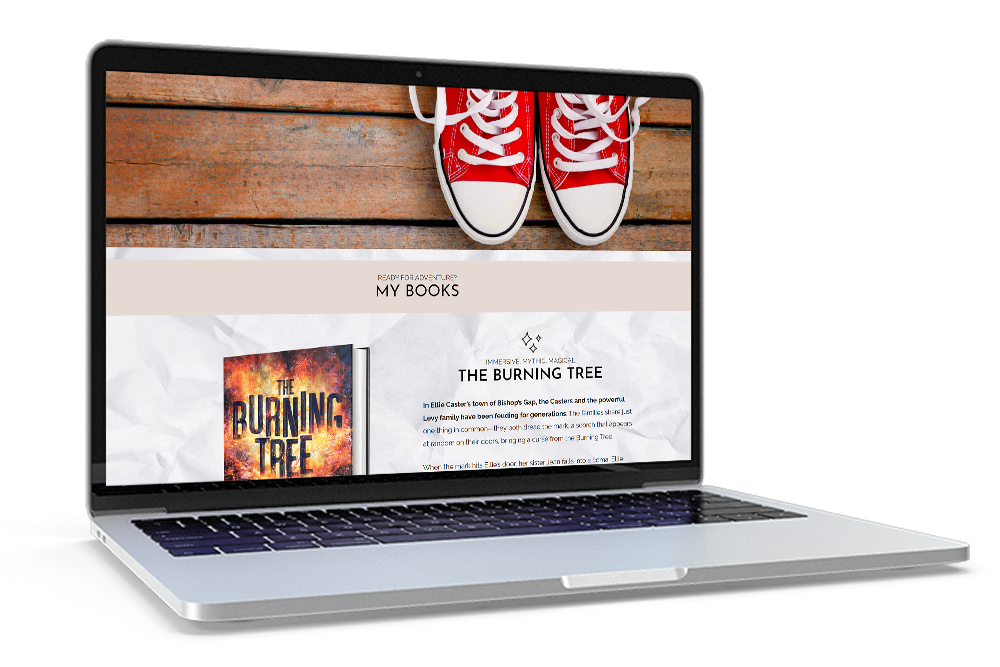 A laptop mockup of a website page titled 'My Books' which showcases a pair of red sneakers and the cover of 'The Burning Tree'.