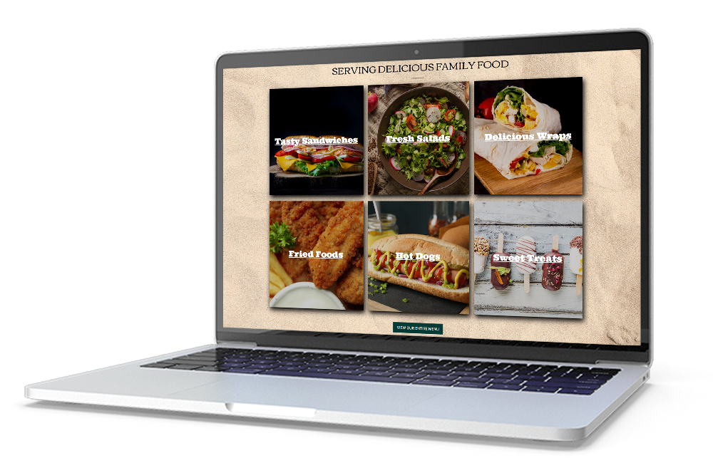 A laptop mockup of a website page with the heading 'Serving Delicious Family Food' which showcases hoagies, salads, wraps, fried chicken, hot dogs, and ice cream.