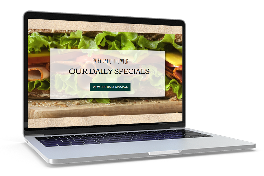 A laptop mockup of a restaurant website that showcases a sandwich with the heading 'Our Daily Specials'.