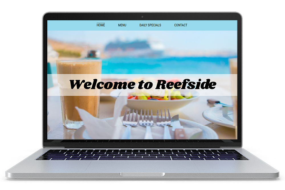 A laptop mockup of a website page titled 'Welcome to Reefside' which showcases a table with silverware, a drink, and food.