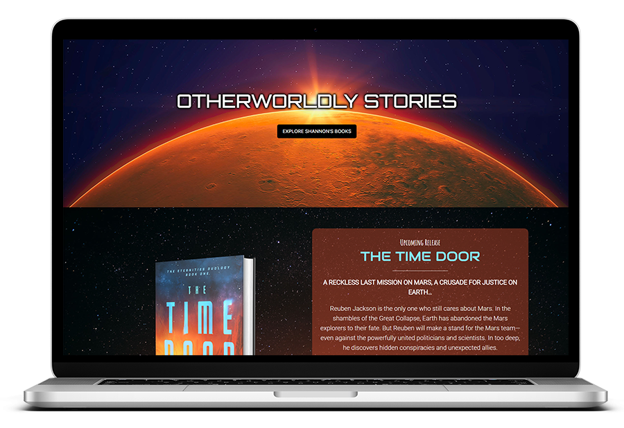 A laptop mockup of a website page titled 'Otherworldly Stories' which showcases Mars and the cover of 'The Time Door'.