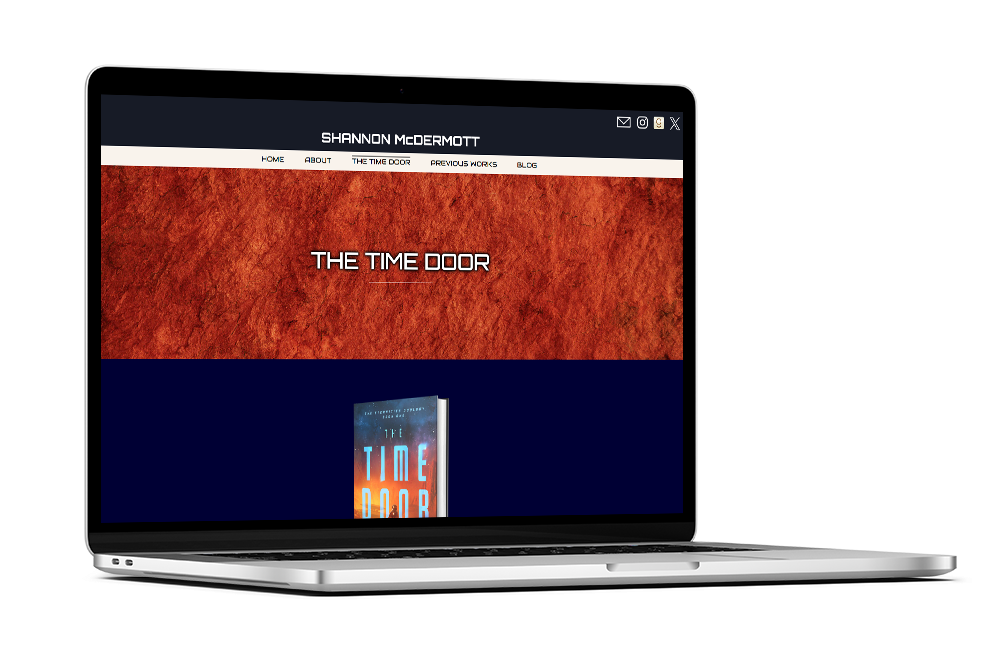 A laptop mockup of a website page titled 'The Time Door' which showcases red rock and the cover of 'The Time Door'.