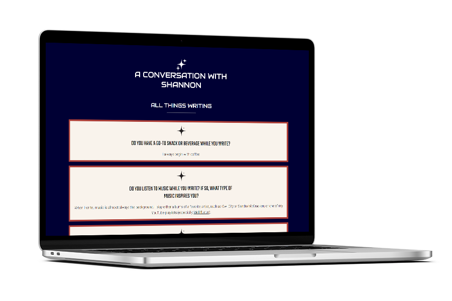 A laptop mockup of a website page with the heading 'A Conversation with Shannon' which showcases a series of interview questions.