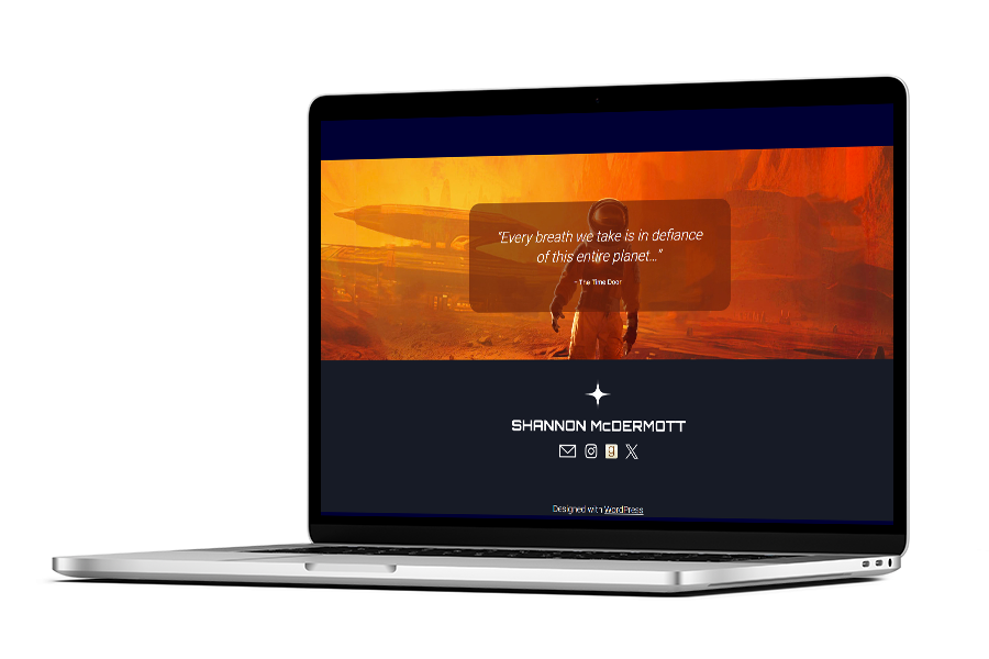 A laptop mockup of a website page featuring an astronaut and a quote from 'The Time Door'.