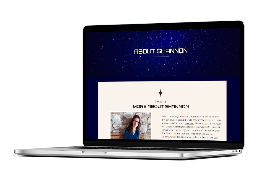 A laptop mockup of a website page titled 'About Shannon' which showcases a starry night sky and a headshot of author Shannon McDermott.
