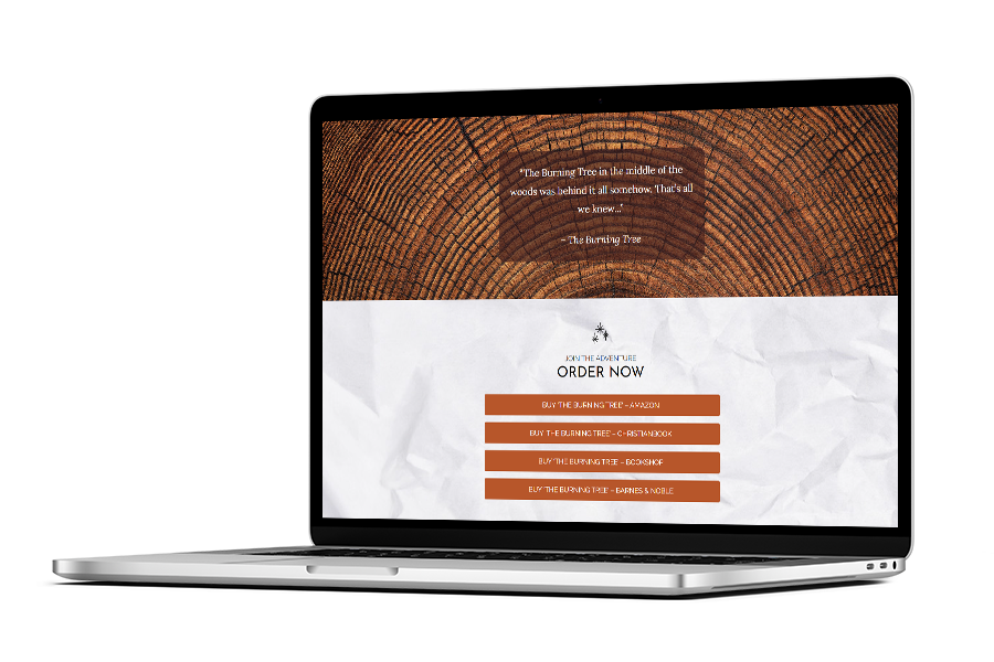 A laptop mockup of a website page which showcases a book quote and the heading, 'Order Now' with a series of buttons to purchase.