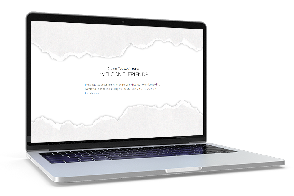 A laptop mockup of a website page titled 'Welcome Friends' framed by two torn pieces of paper.