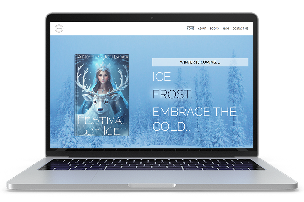 A laptop mockup of a website page with the heading 'Ice, Frost, Embrace the Cold' featuring a book cover titled 'Festival of Ice'.