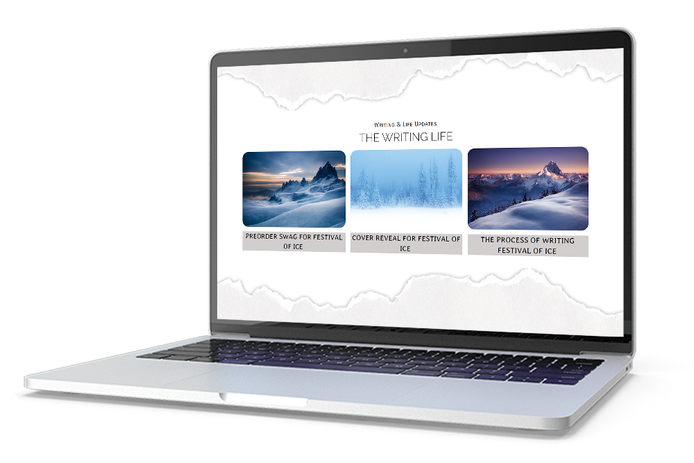 A laptop mockup of a website page with the heading 'The Writing Life' that showcases a series of three blog posts.