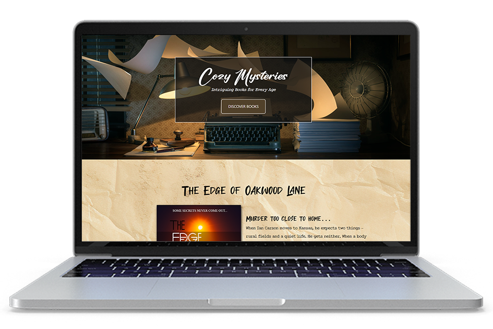 A laptop mockup of a website page titled 'Cozy Mysteries' featuring a typewriter, pieces of paper blowing away, and the cover of 'The Edge of Oakwood Lane'.