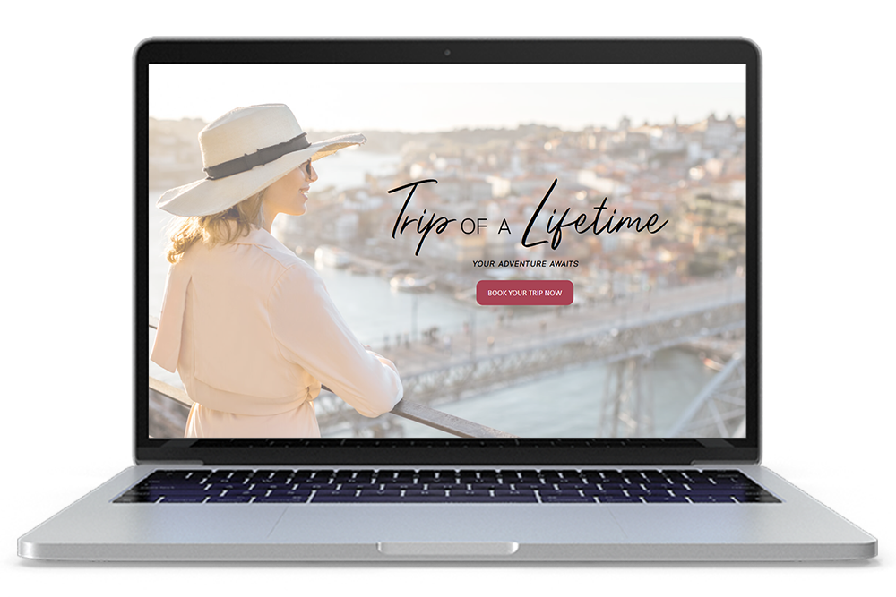 A laptop mockup of a website page titled 'Trip of a Lifetime' featuring a woman looking over a balcony.